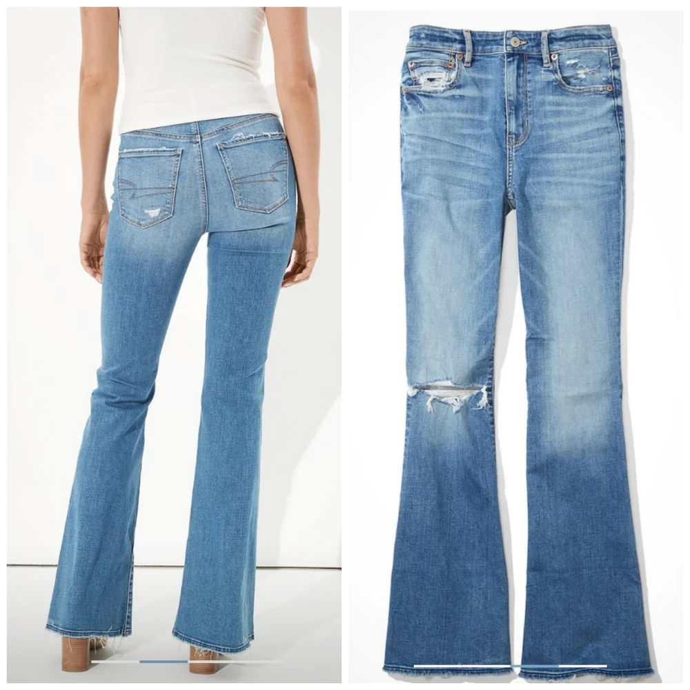 SOLD American Eagle Super High Waist Ripped Flare Jeans sz 14 - Picture 2 of 8